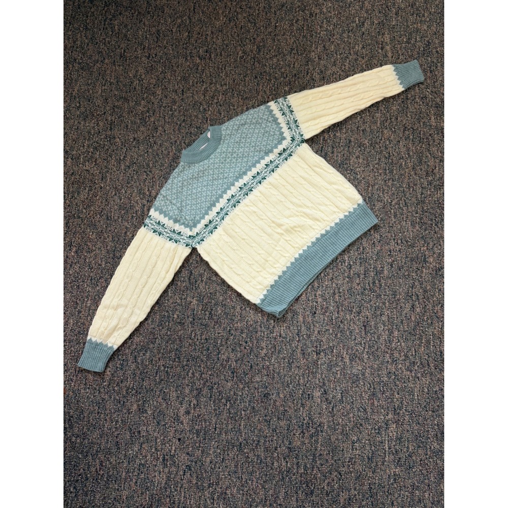 Vintage 90s Brand Sportswear Men's XL Fair Isle Knit Sweater Blue Cream‎
